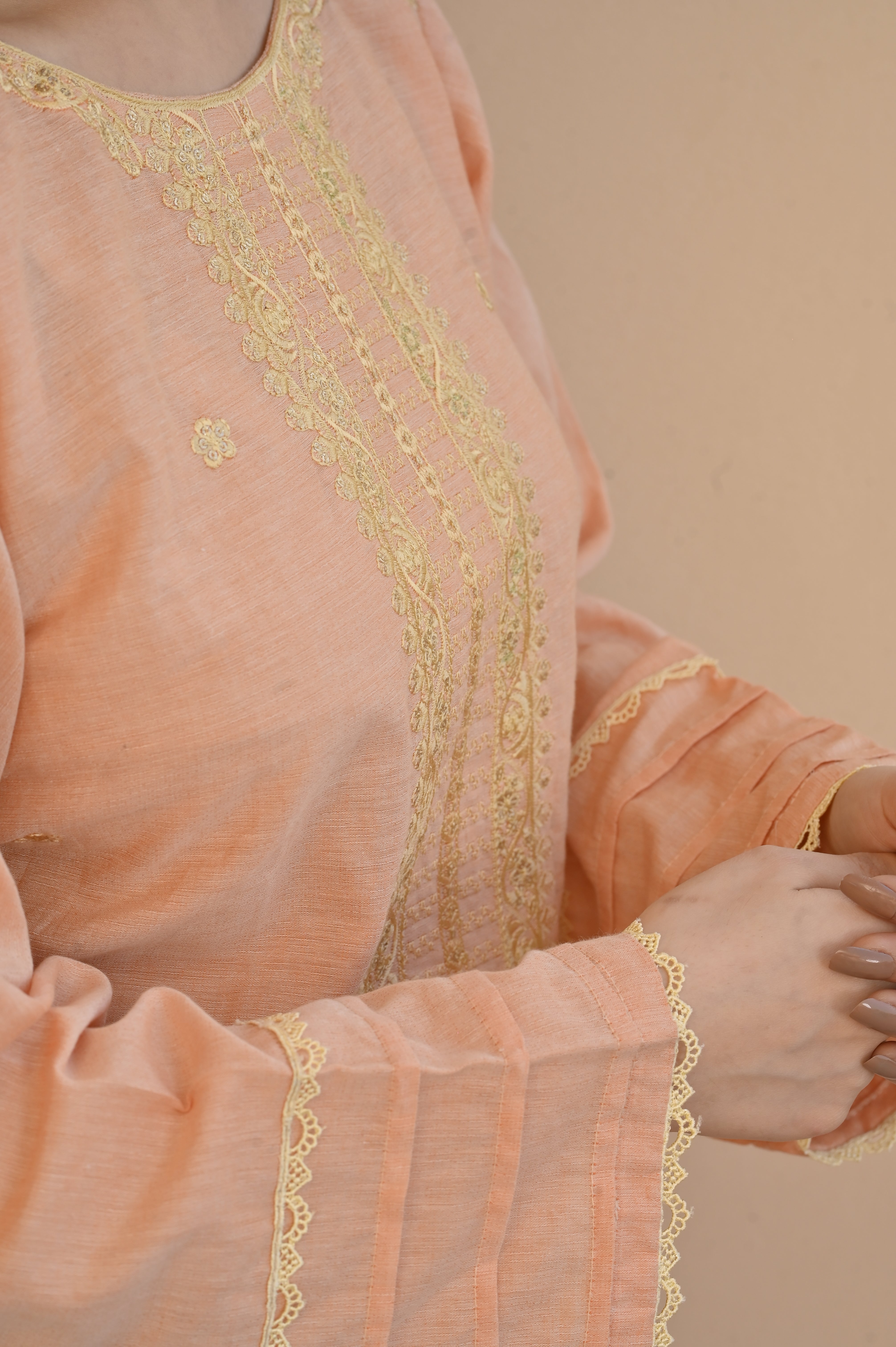 2 Pc Embroidered Stitched | Peach