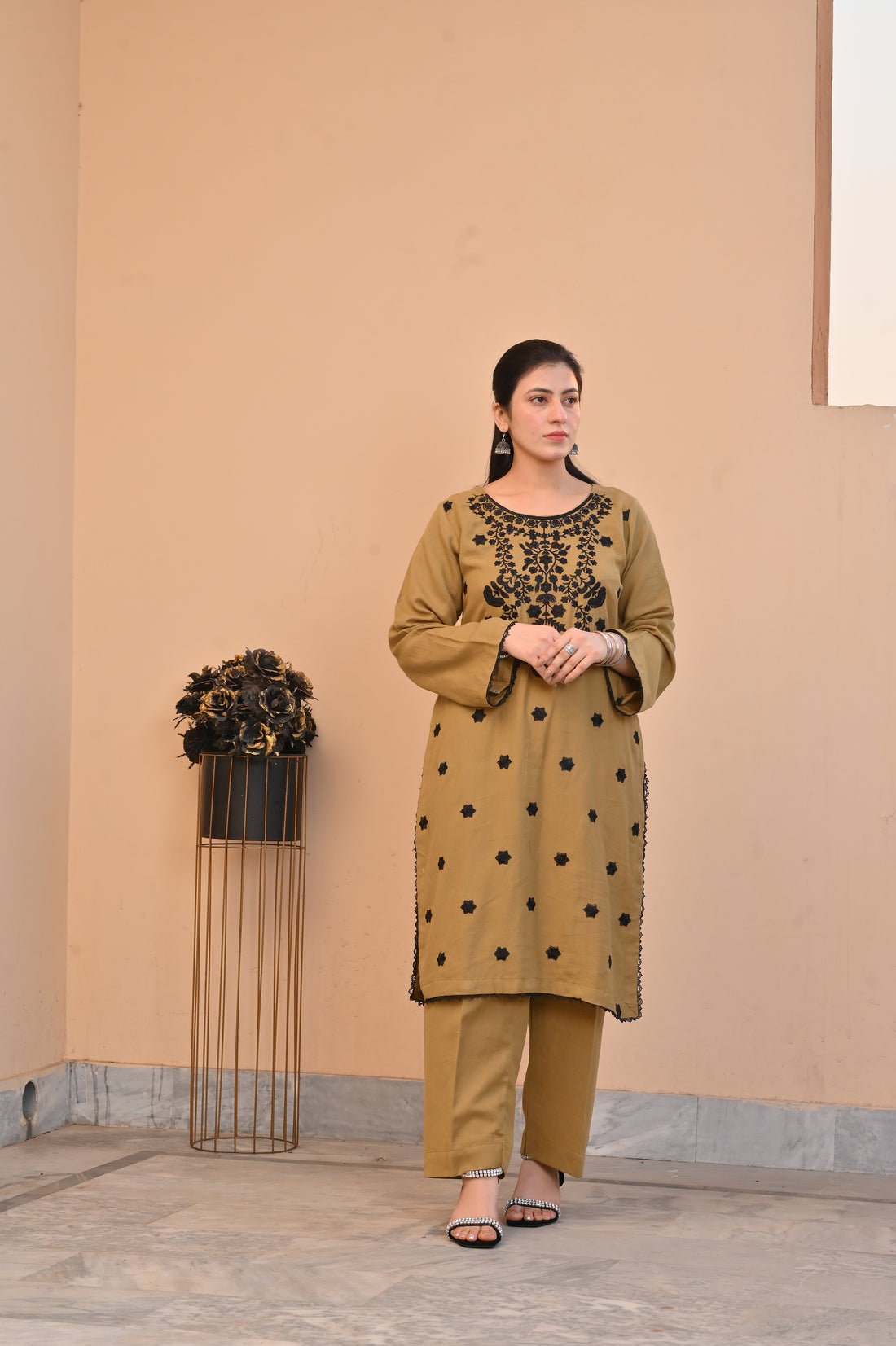 2 Pc Embroidered stitched | Olive Brown