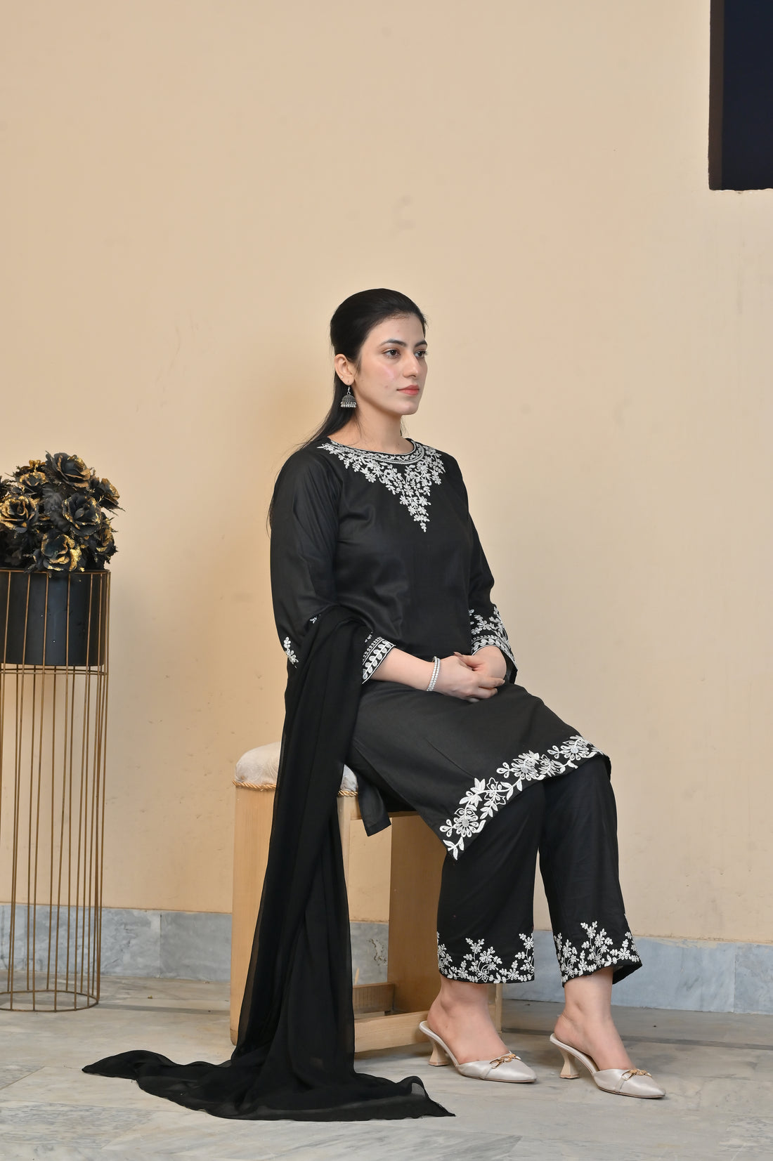 2 Pc Embroidered Stitched | Black