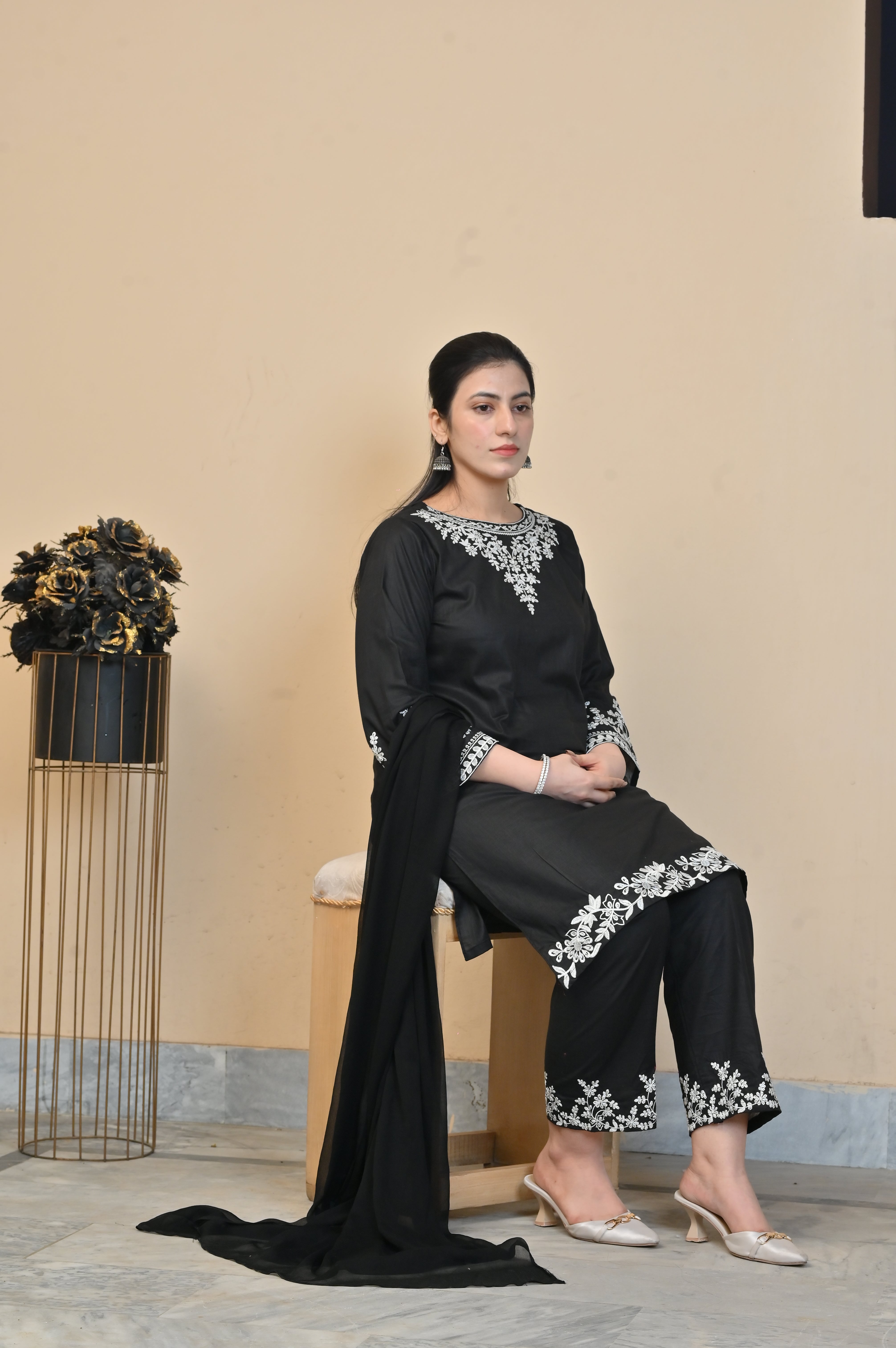 2 Pc Embroidered Stitched | Black